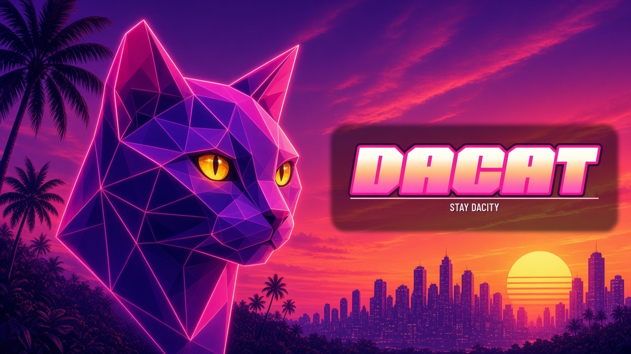 Dacity Cat banner: a geometric neon cat over a synthwave city, ticker DACAT, Stay Dacity