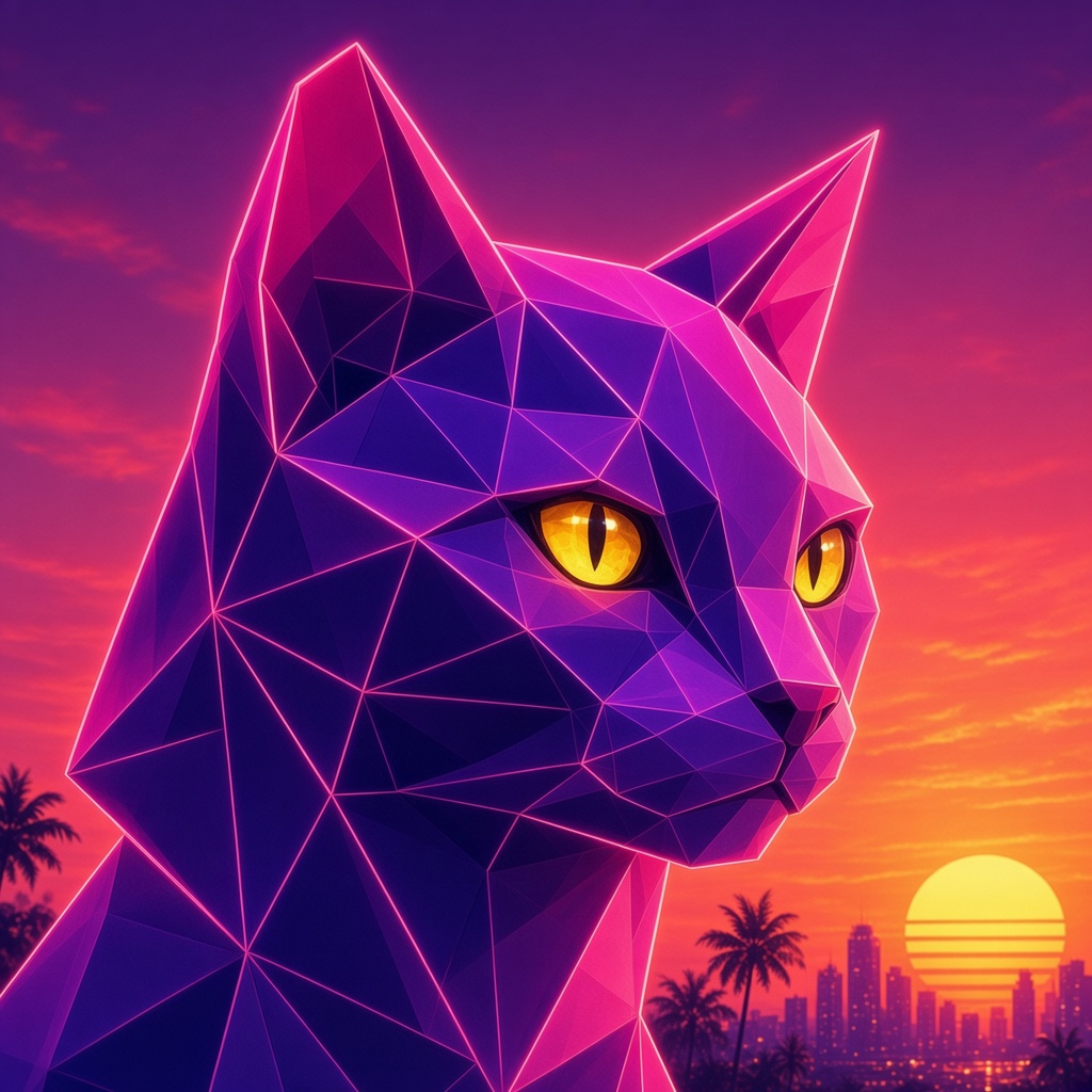 Dacity Cat, a low-poly magenta cat with gold eyes against a sunset city